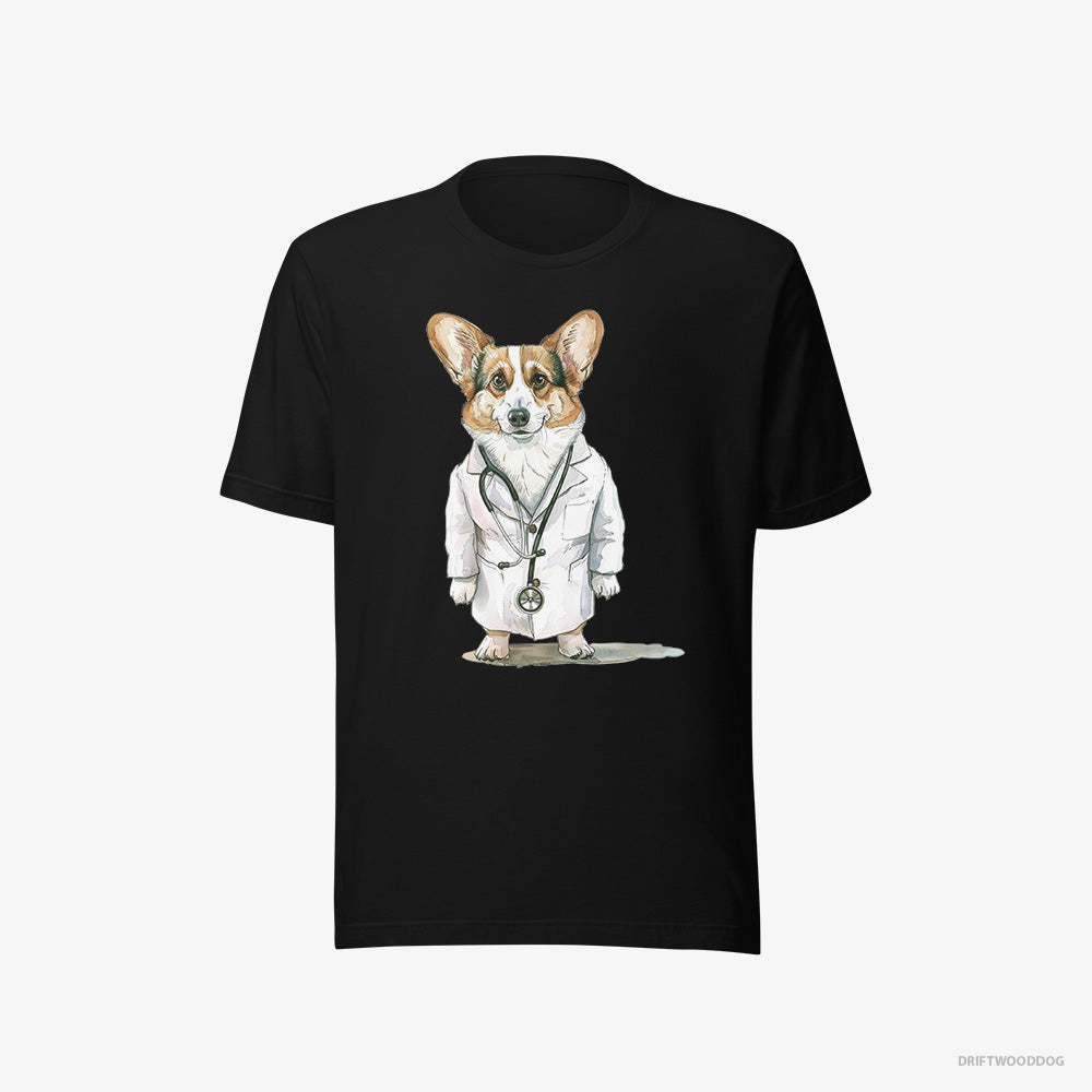 Corgi T-Shirt – Men Black T-Shirt Eco-Friendly – Doctor of Happiness (on White Background)