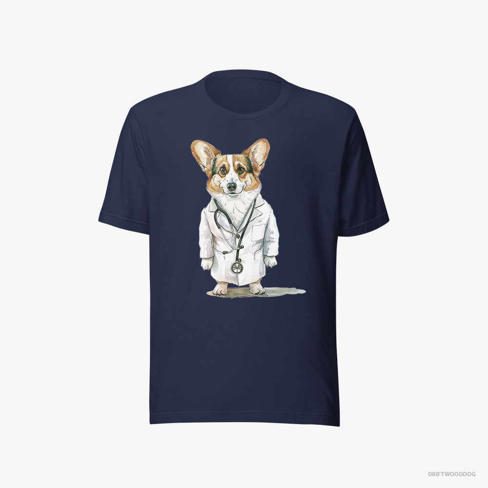 Corgi T-Shirt – Women Navy T-Shirt Eco-Friendly – Doctor of Happiness (on White Background)