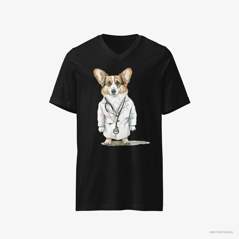 Corgi T-Shirt – Men Black T-Shirt V-Neck – Doctor of Happiness (on White Background)