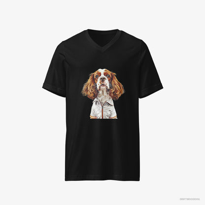 Cavalier King Charles Spaniel T-Shirt – Men Black T-Shirt V-Neck – Enjoying a Day of Golf (on White Background)