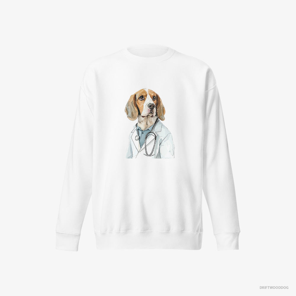 Beagle Sweatshirt – Women White Sweatshirt Eco-Friendly – Giving Medical Advice (on White Background)