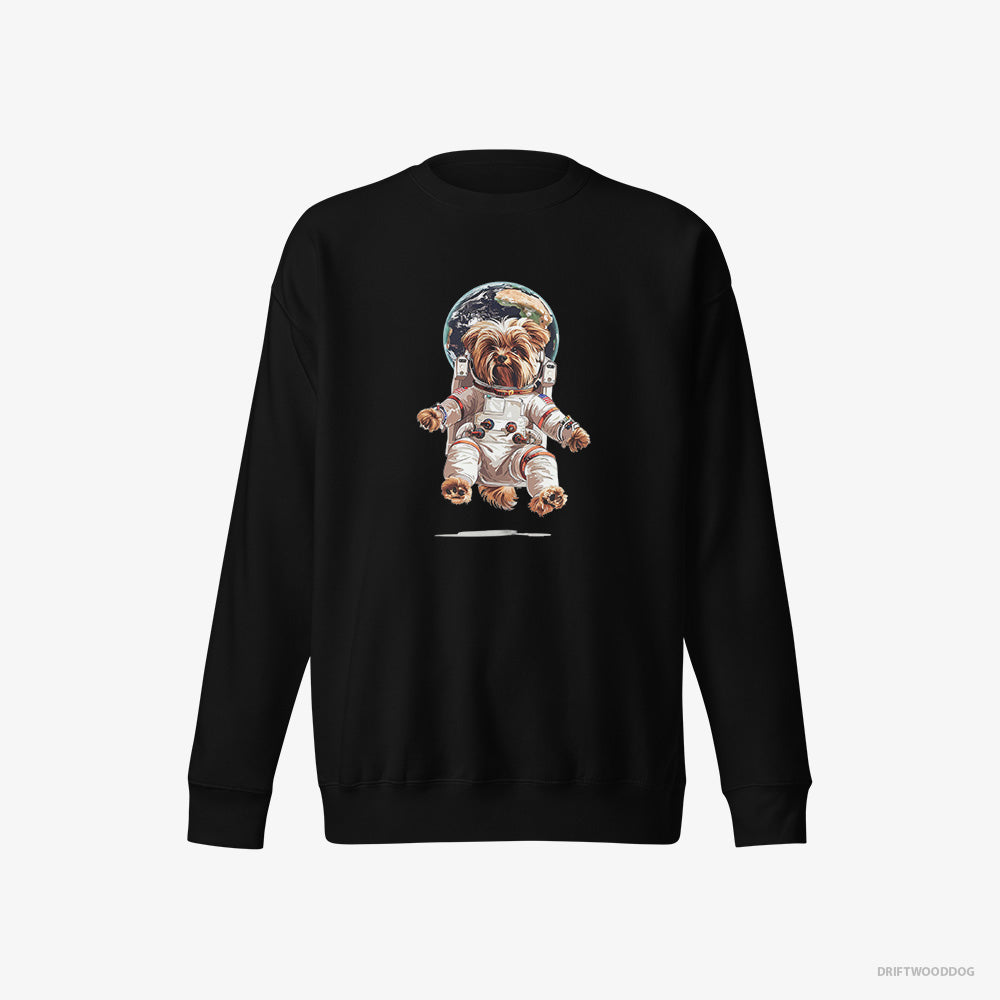 Yorkshire Terrier Sweatshirt – Men Black Sweatshirt Eco-Friendly – Astronaut in Space (on White Background)