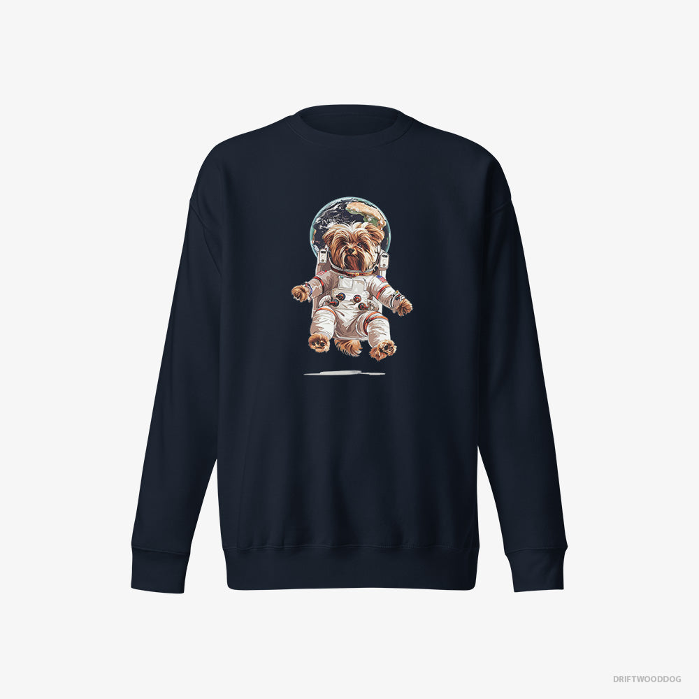 Yorkshire Terrier Sweatshirt – Men Navy Sweatshirt Eco-Friendly – Astronaut in Space (on White Background)