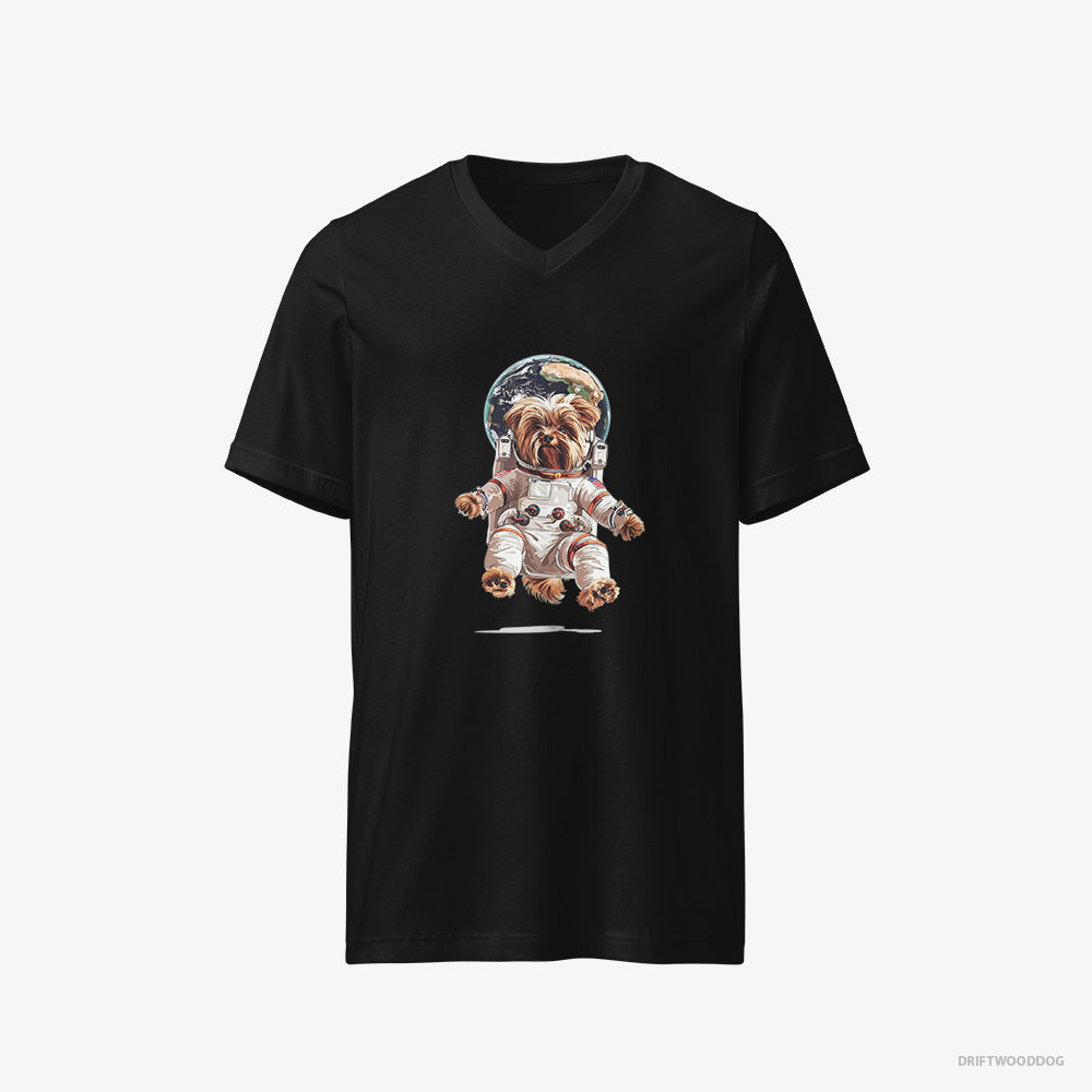 Yorkshire Terrier T-Shirt – Men Black T-Shirt V-Neck – Astronaut in Space (on White Background)