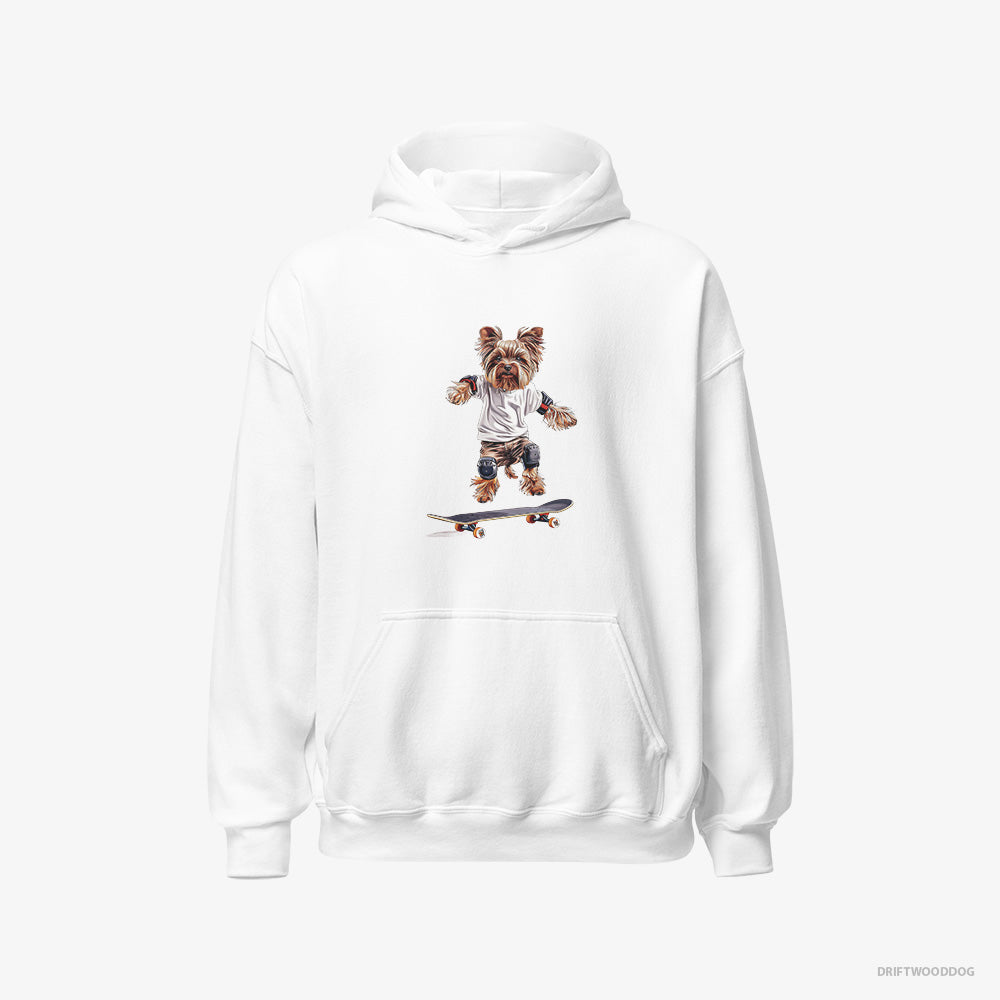 Yorkshire Terrier Hoodie – Women White Hoodie Classic – Riding a Skateboard (on White Background)