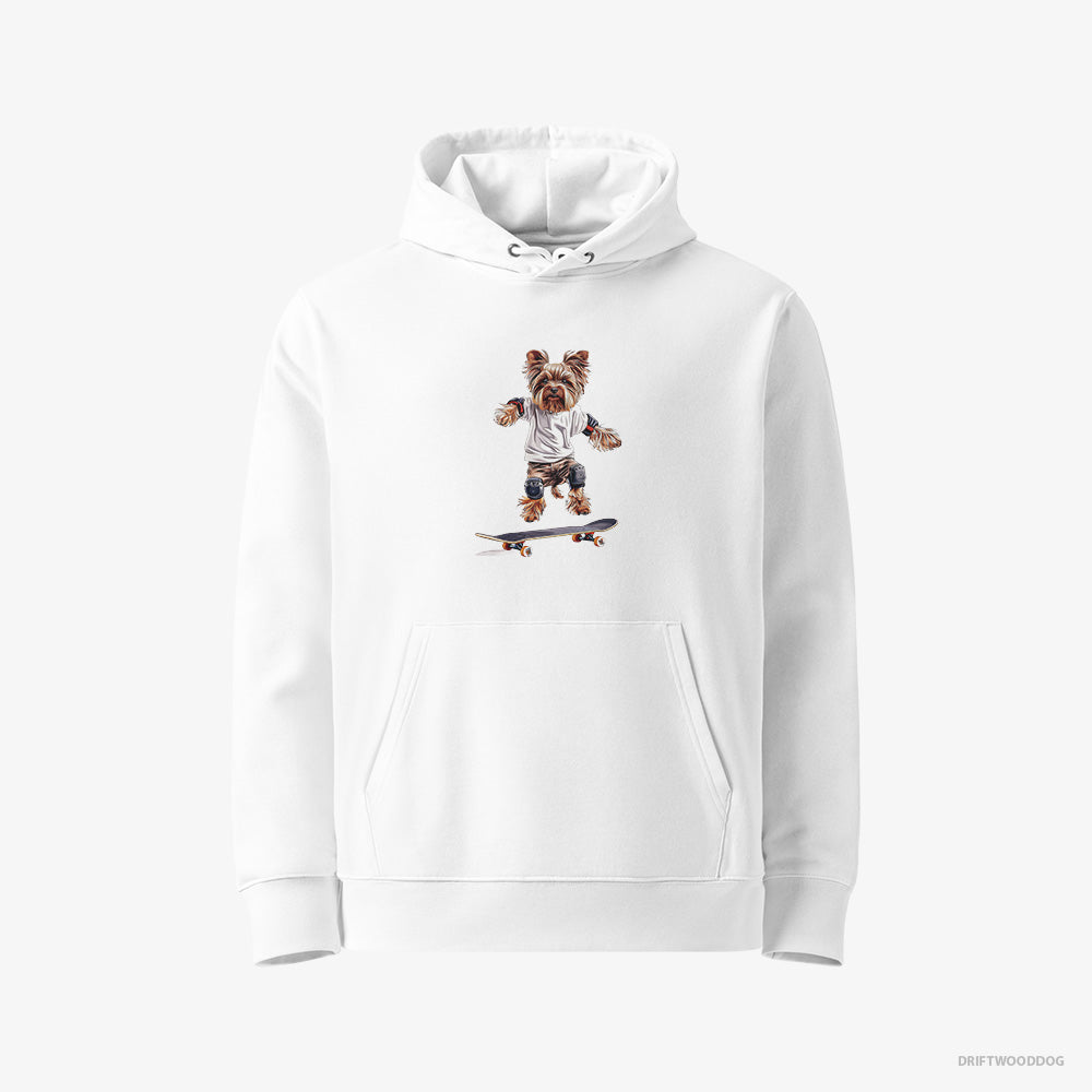 Yorkshire Terrier Hoodie – Men White Hoodie Eco-Friendly – Riding a Skateboard (on White Background)