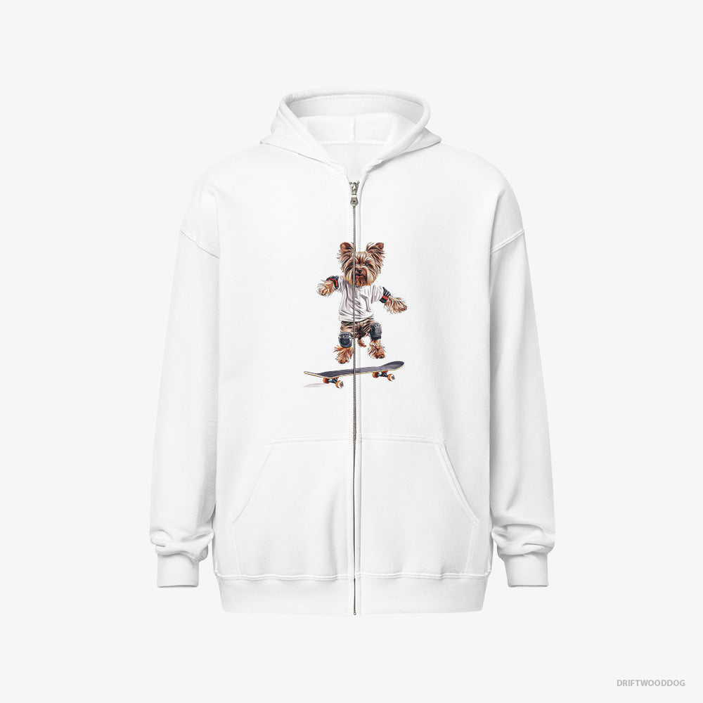 Yorkshire Terrier Hoodie – Women White Hoodie Full-Zip – Riding a Skateboard (on White Background)