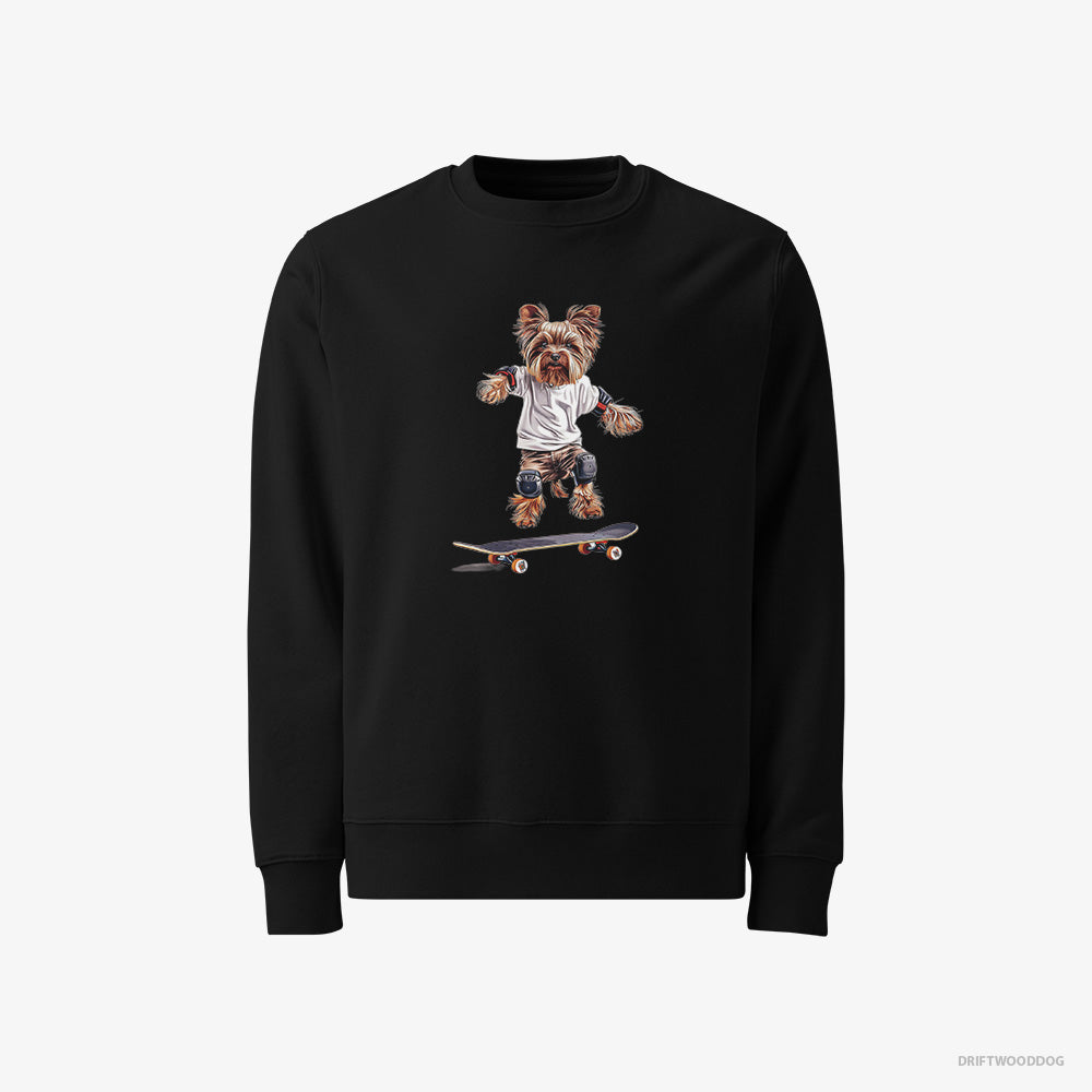 Yorkshire Terrier Sweatshirt – Men Black Sweatshirt Classic – Riding a Skateboard (on White Background)