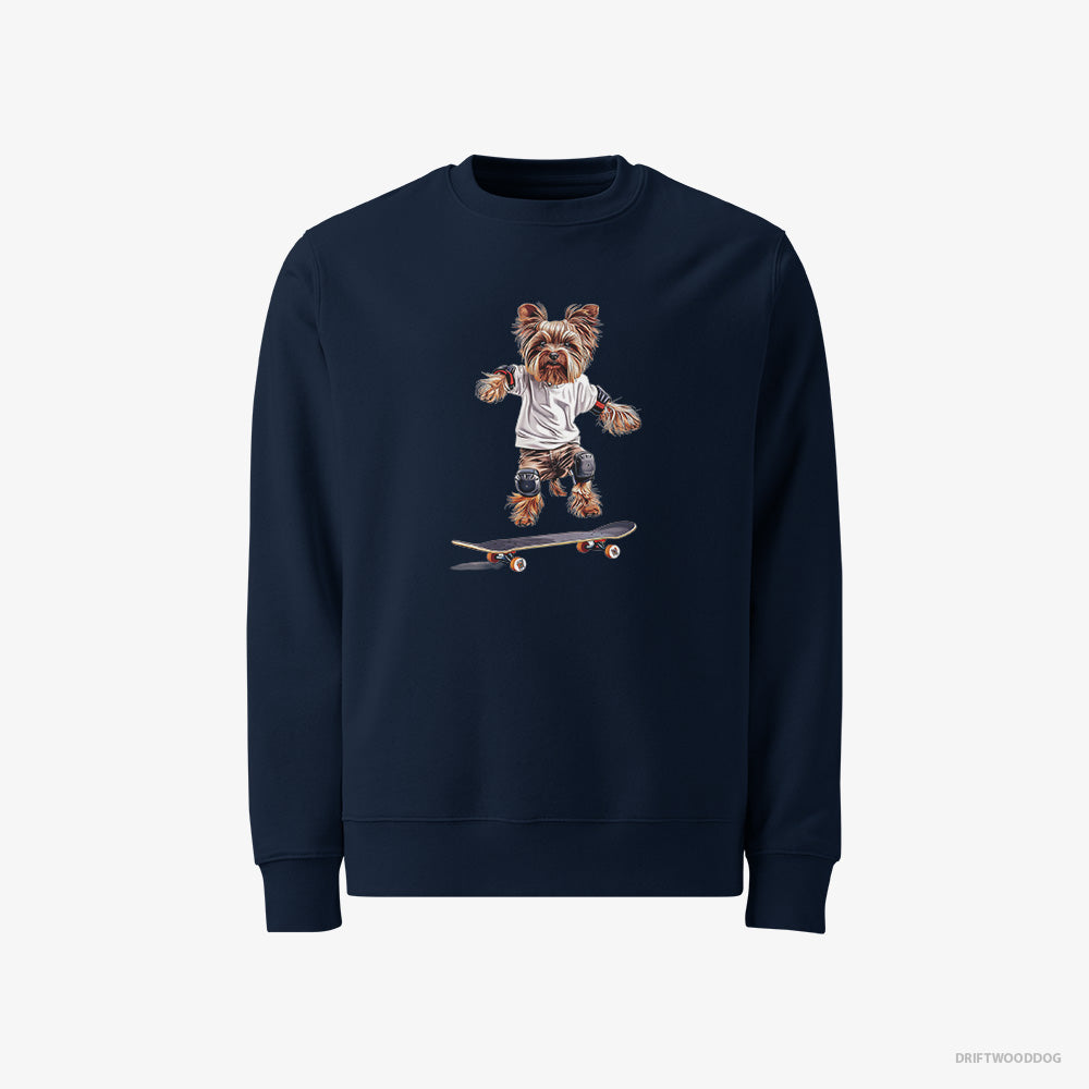 Yorkshire Terrier Sweatshirt – Men Navy Sweatshirt Classic – Riding a Skateboard (on White Background)