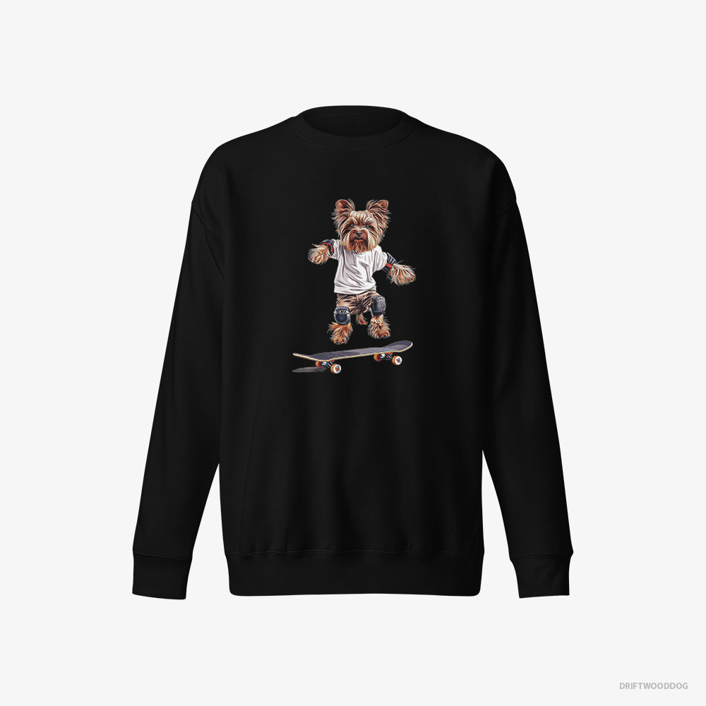 Yorkshire Terrier Sweatshirt – Men Black Sweatshirt Eco-Friendly – Riding a Skateboard (on White Background)