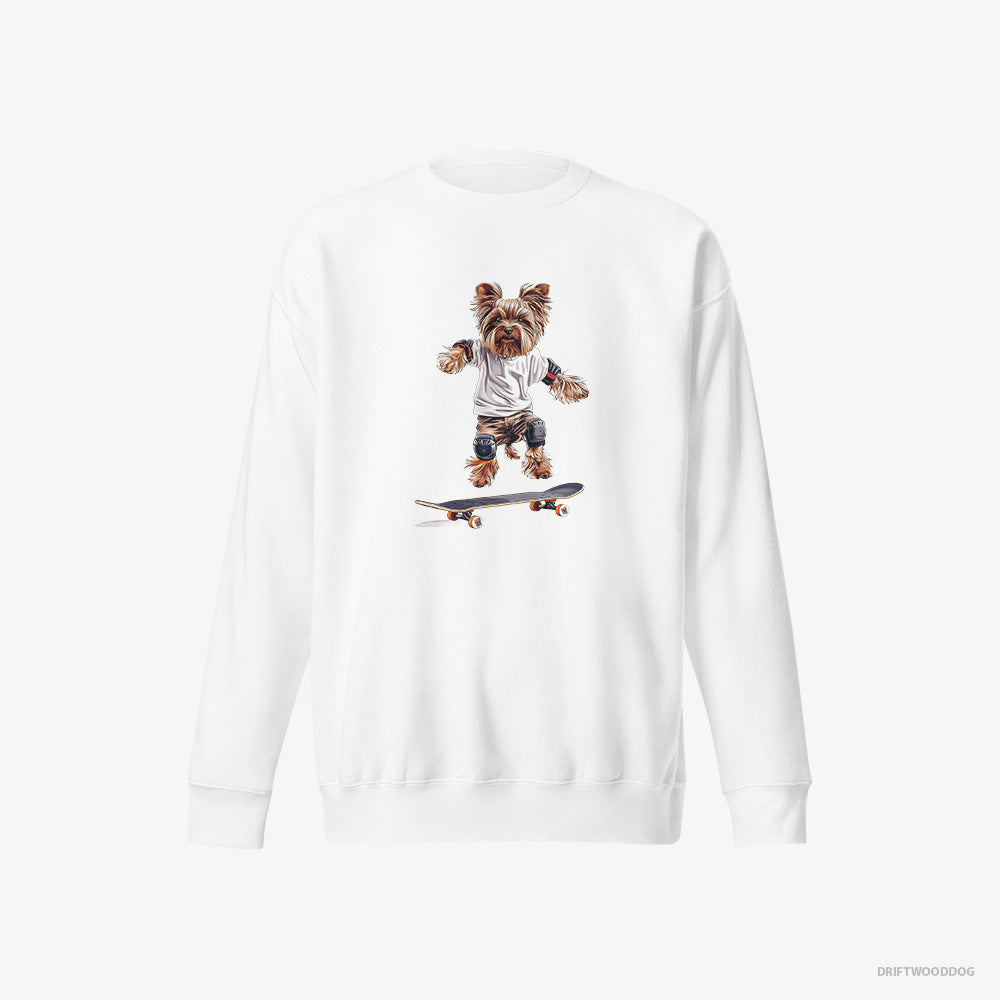 Yorkshire Terrier Sweatshirt – Men White Sweatshirt Eco-Friendly – Riding a Skateboard (on White Background)