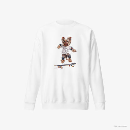 Yorkshire Terrier Riding a Skateboard White Sweatshirt