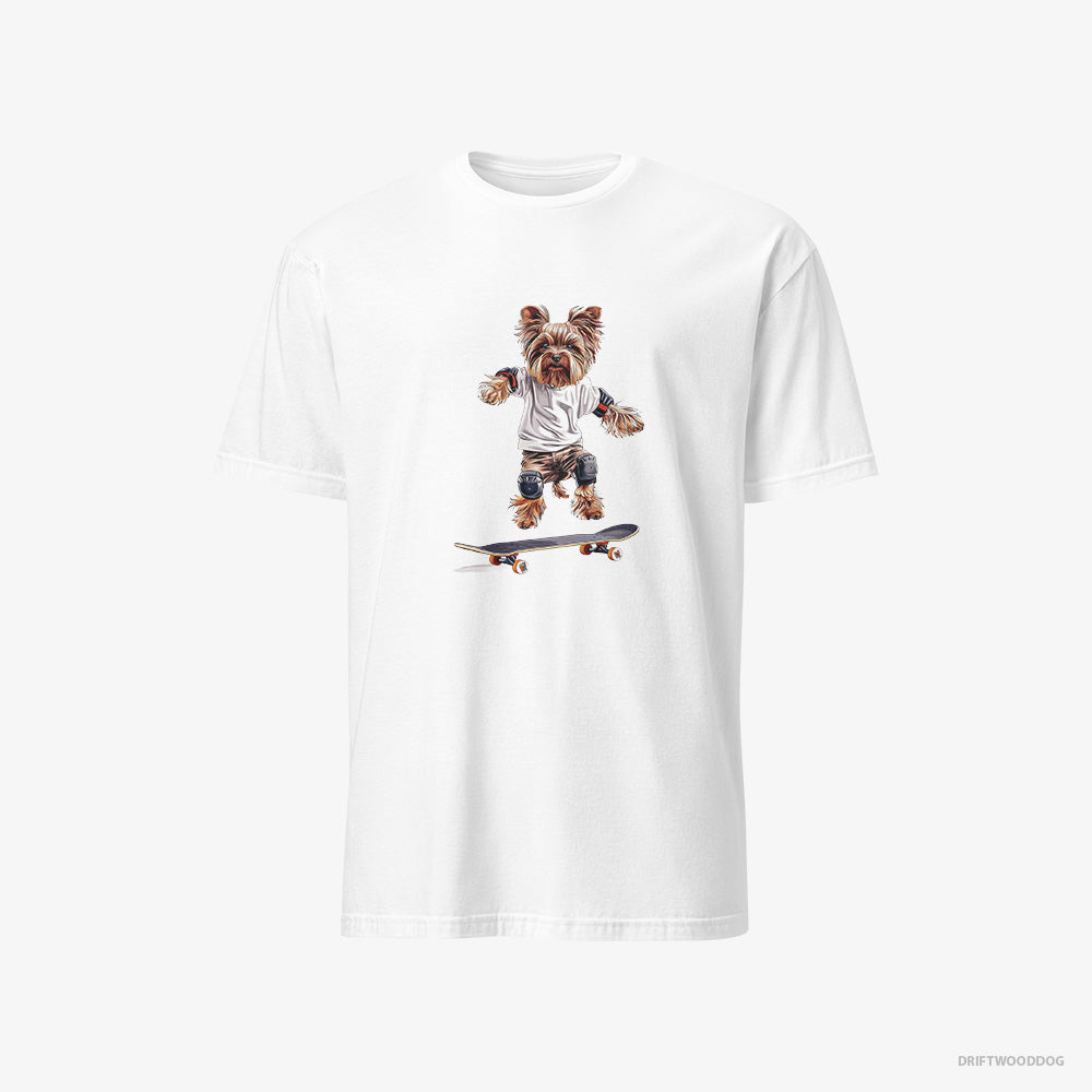 Yorkshire Terrier T-Shirt – Men White T-Shirt Classic – Riding a Skateboard (on White Background)