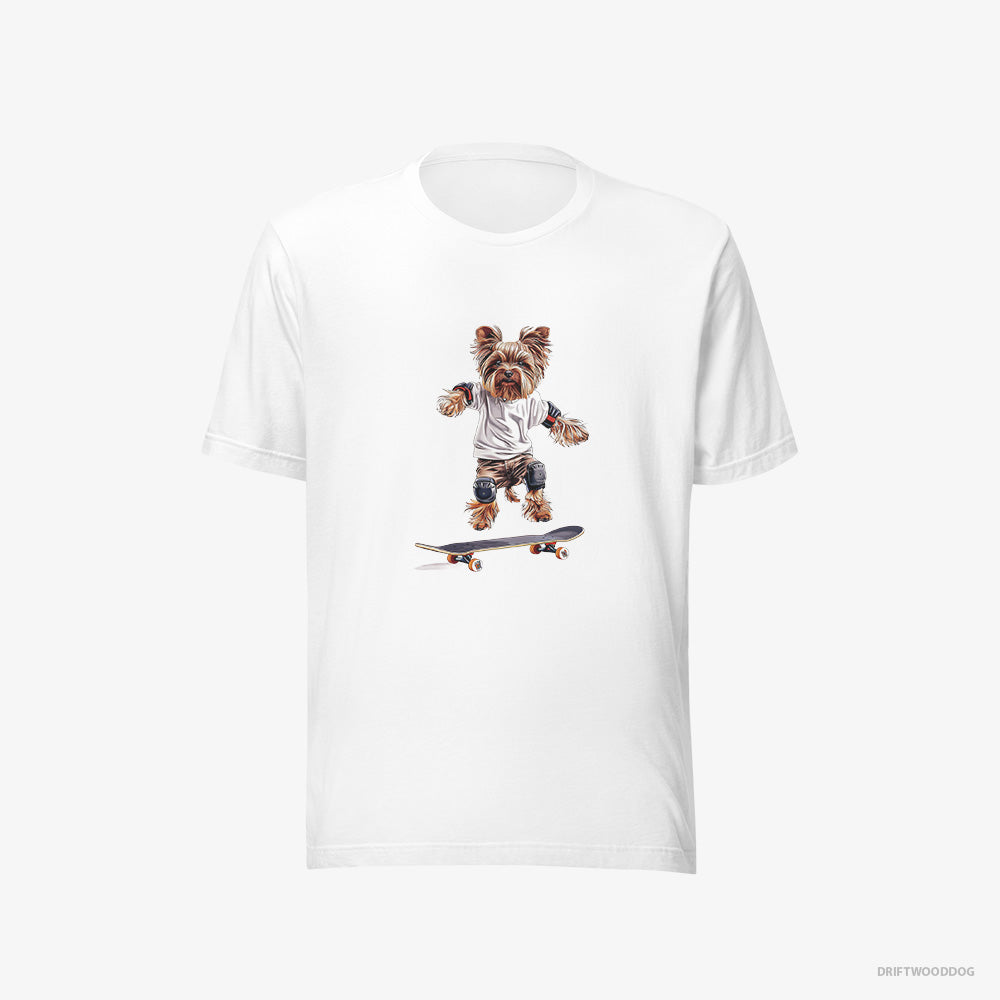 Yorkshire Terrier T-Shirt – Men White T-Shirt Eco-Friendly – Riding a Skateboard (on White Background)