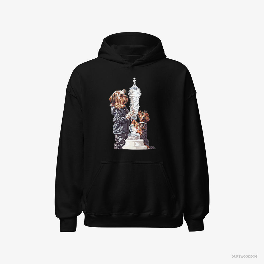 Yorkshire Terrier Hoodie – Men Black Hoodie Classic – Performing an Ice Figure (on White Background)