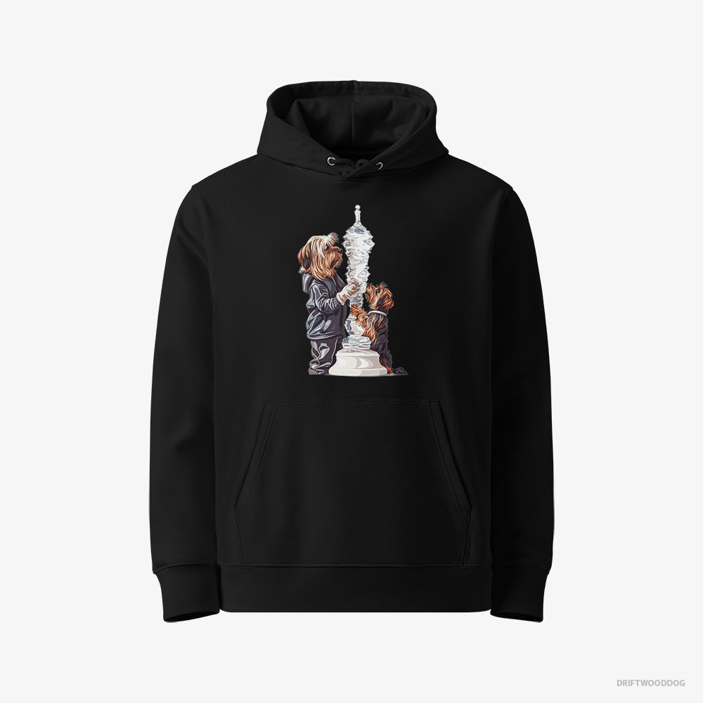 Yorkshire Terrier Hoodie – Women Black Hoodie Eco-Friendly – Performing an Ice Figure (on White Background)