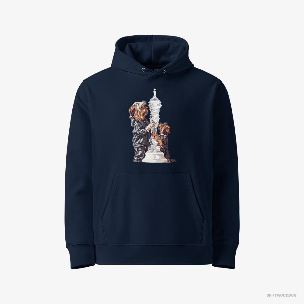 Yorkshire Terrier Hoodie – Men Navy Hoodie Eco-Friendly – Performing an Ice Figure (on White Background)