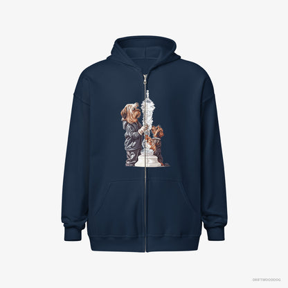 Yorkshire Terrier Hoodie – Women Navy Hoodie Full-Zip – Performing an Ice Figure (on White Background)