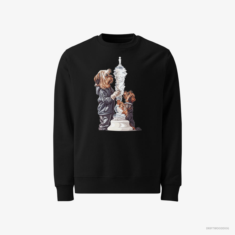 Yorkshire Terrier Sweatshirt – Men Black Sweatshirt Classic – Performing an Ice Figure (on White Background)