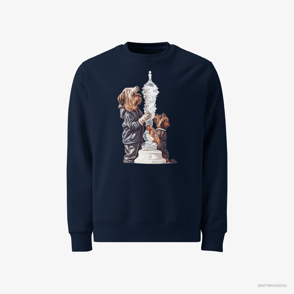 Yorkshire Terrier Sweatshirt – Men Navy Sweatshirt Classic – Performing an Ice Figure (on White Background)