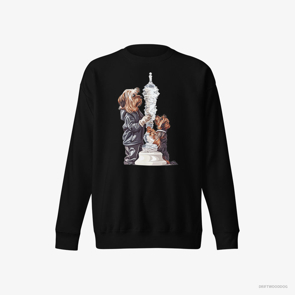 Yorkshire Terrier Sweatshirt – Men Black Sweatshirt Eco-Friendly – Performing an Ice Figure (on White Background)