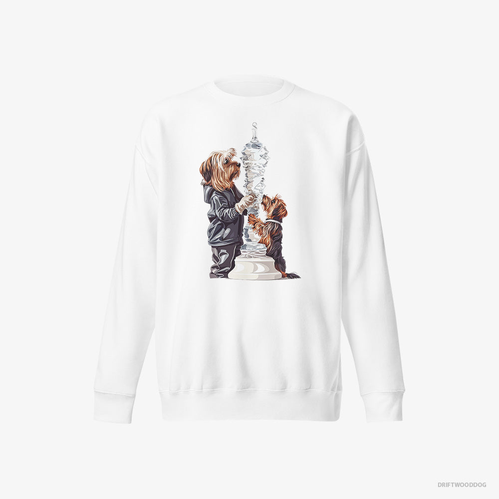 Yorkshire Terrier Sweatshirt – Men White Sweatshirt Eco-Friendly – Performing an Ice Figure (on White Background)