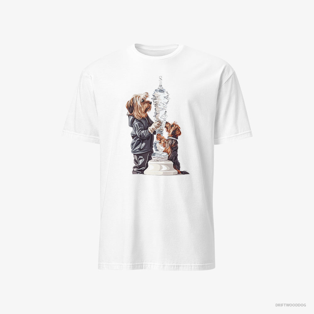 Yorkshire Terrier T-Shirt – Men White T-Shirt Classic – Performing an Ice Figure (on White Background)