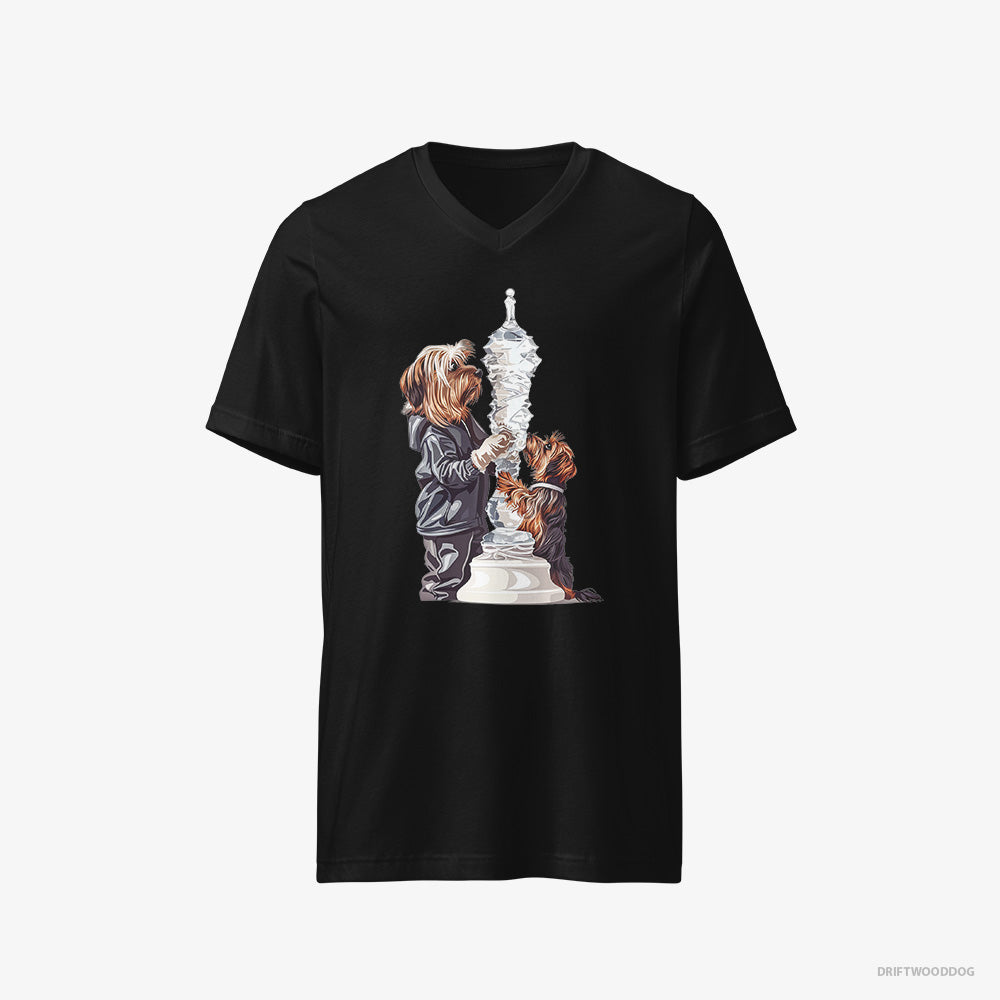 Yorkshire Terrier T-Shirt – Men Black T-Shirt V-Neck – Performing an Ice Figure (on White Background)