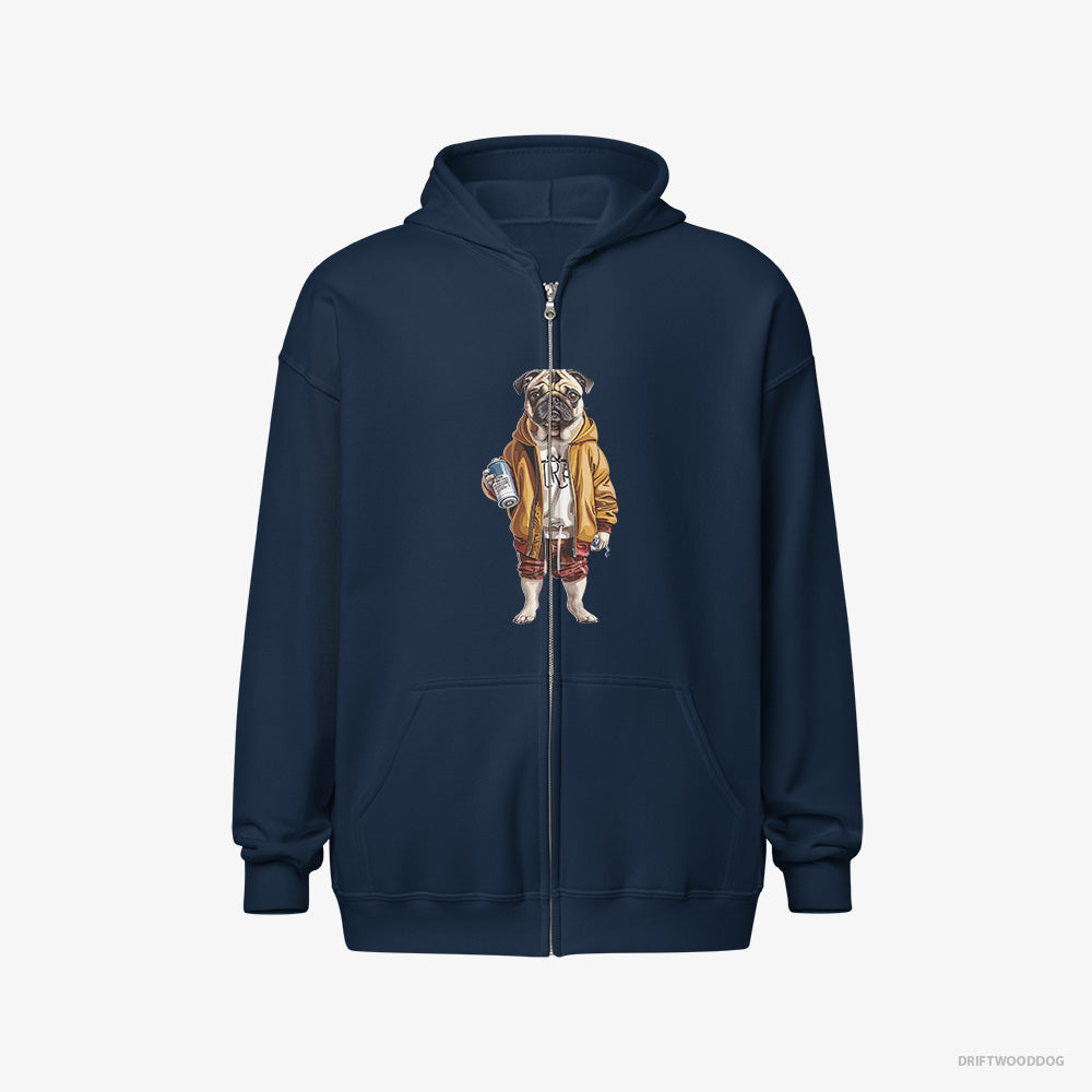 Pug Hoodie – Men Navy Hoodie Full-Zip – as a Street Artist (on White Background)