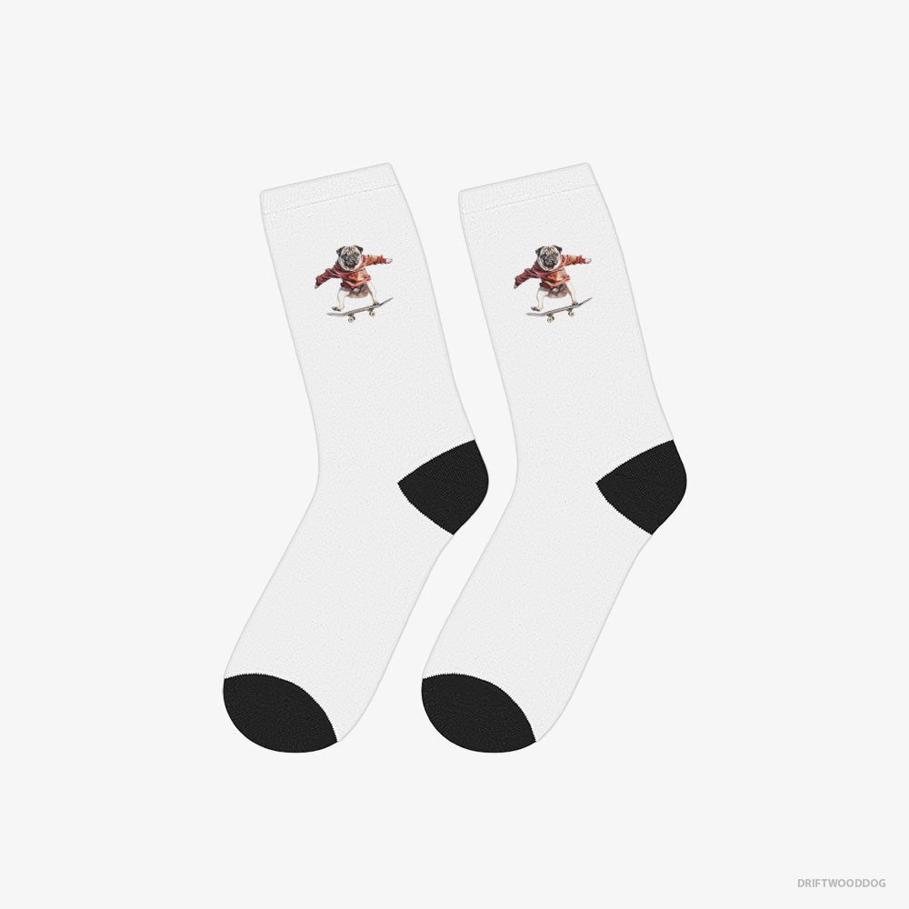 Pug Socks – Unisex White Socks Classic – Performing Skateboard Tricks (on White Background)