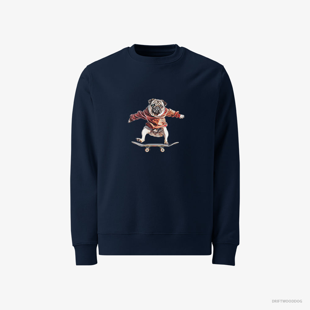 Pug Sweatshirt – Men Navy Sweatshirt Classic – Performing Skateboard Tricks (on White Background)