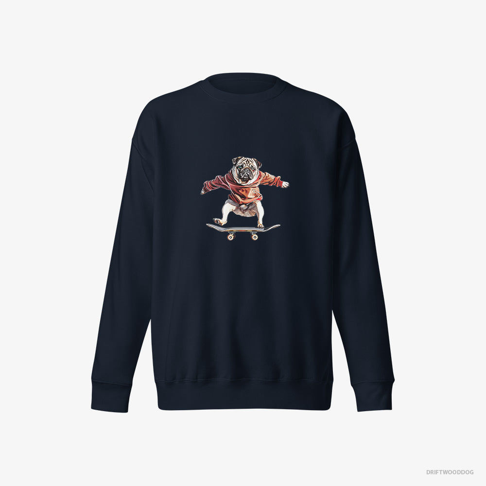 Pug Sweatshirt – Men Navy Sweatshirt Eco-Friendly – Performing Skateboard Tricks (on White Background)