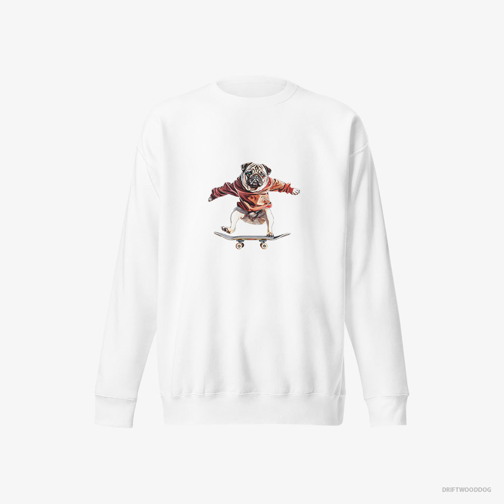 Pug Sweatshirt – Men White Sweatshirt Eco-Friendly – Performing Skateboard Tricks (on White Background)