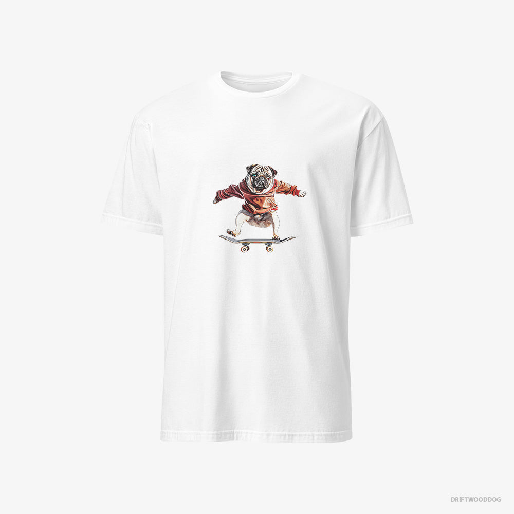 Pug T-Shirt – Men White T-Shirt Classic – Performing Skateboard Tricks (on White Background)