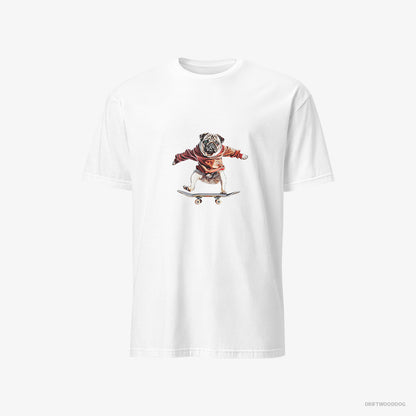 Pug T-Shirt – Men White T-Shirt Classic – Performing Skateboard Tricks (on White Background)