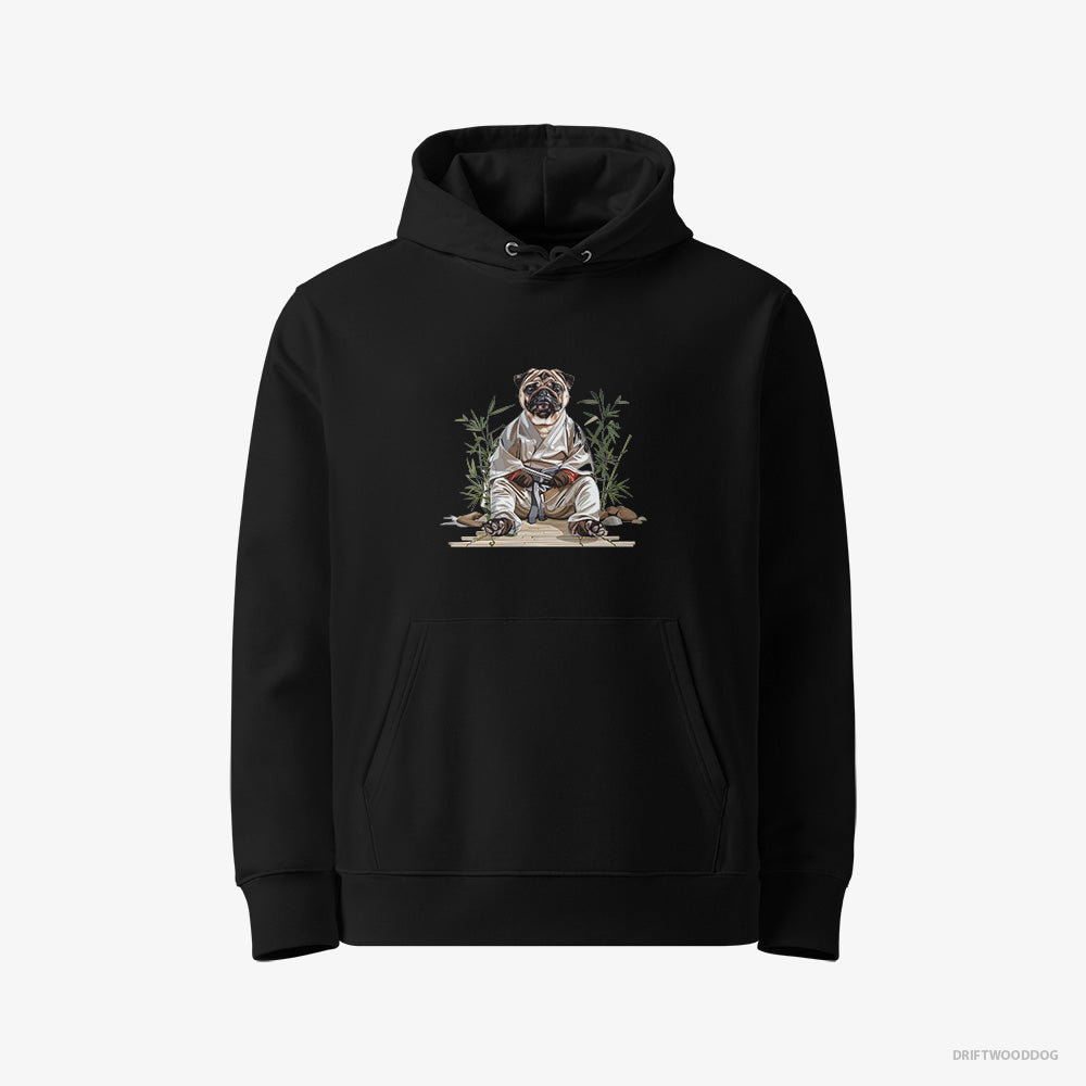 Pug Hoodie – Women Black Hoodie Eco-Friendly – Dressed as a Ninja in a Japanese Garden (on White Background)