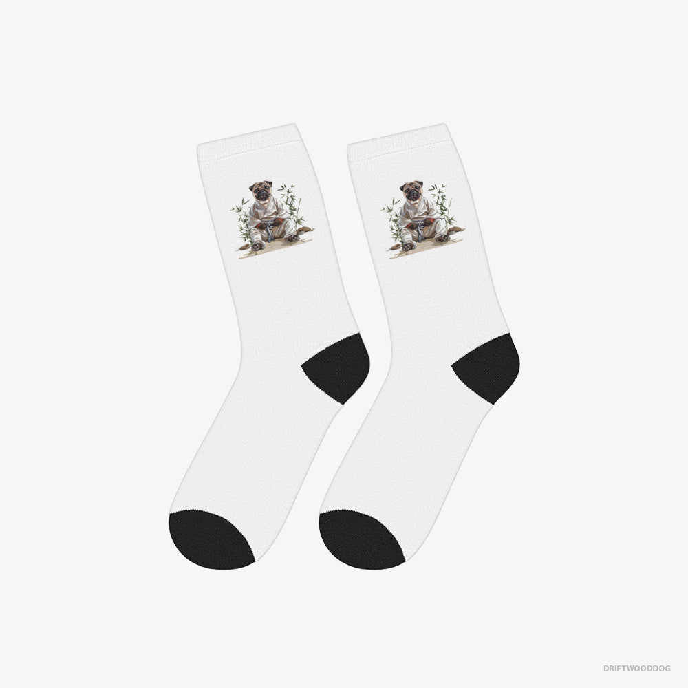 Pug Socks – Unisex White Socks Classic – Dressed as a Ninja in a Japanese Garden (on White Background)