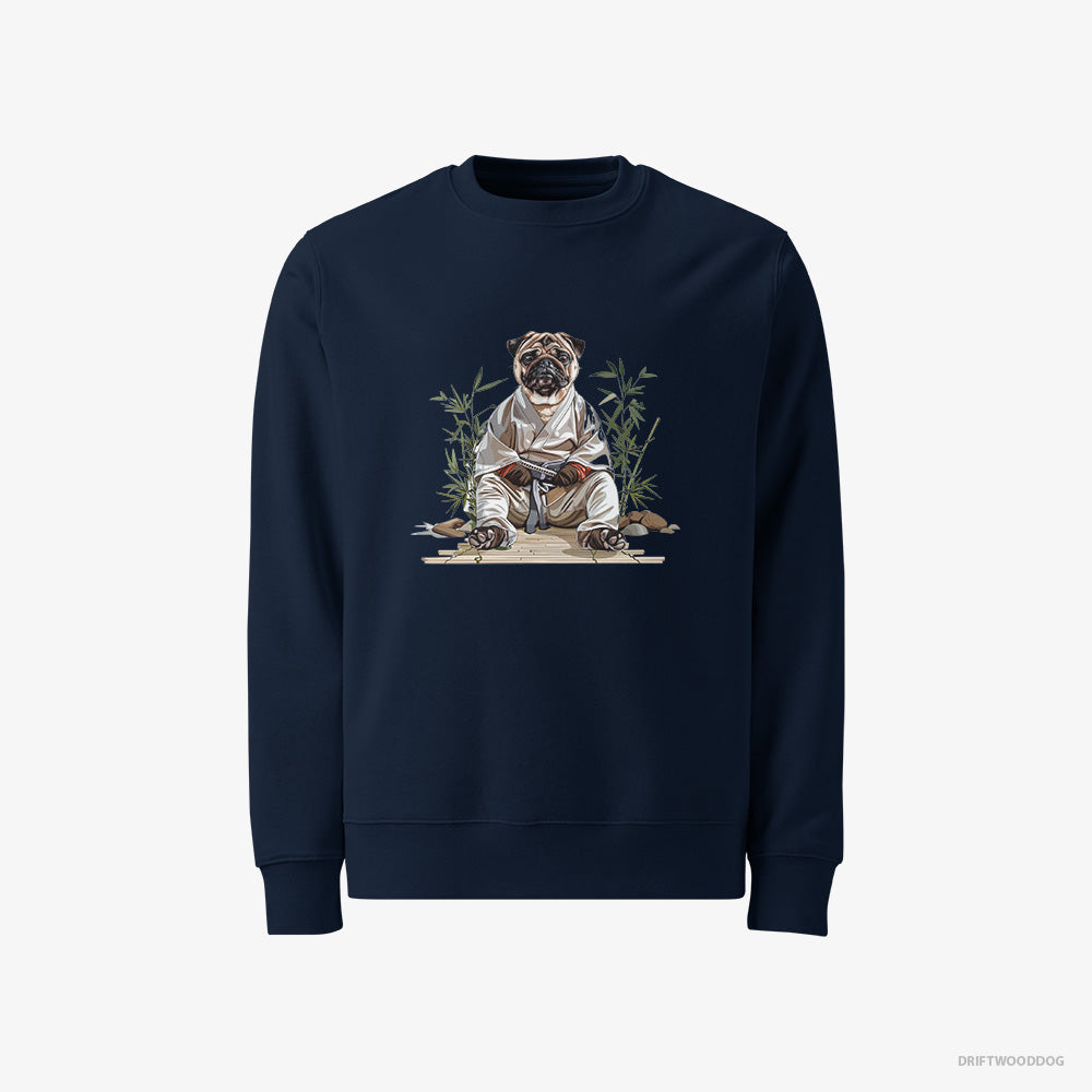 Pug Sweatshirt – Men Navy Sweatshirt Classic – Dressed as a Ninja in a Japanese Garden (on White Background)