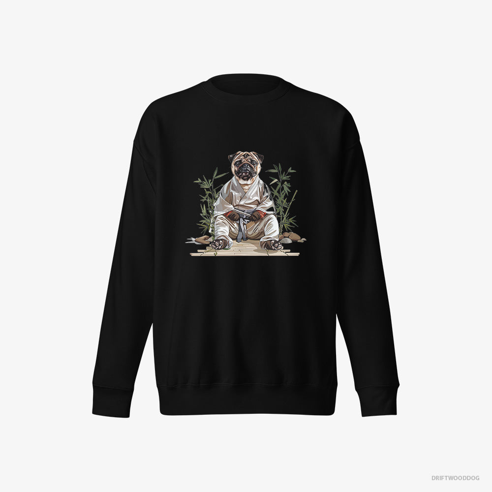 Pug Sweatshirt – Men Black Sweatshirt Eco-Friendly – Dressed as a Ninja in a Japanese Garden (on White Background)