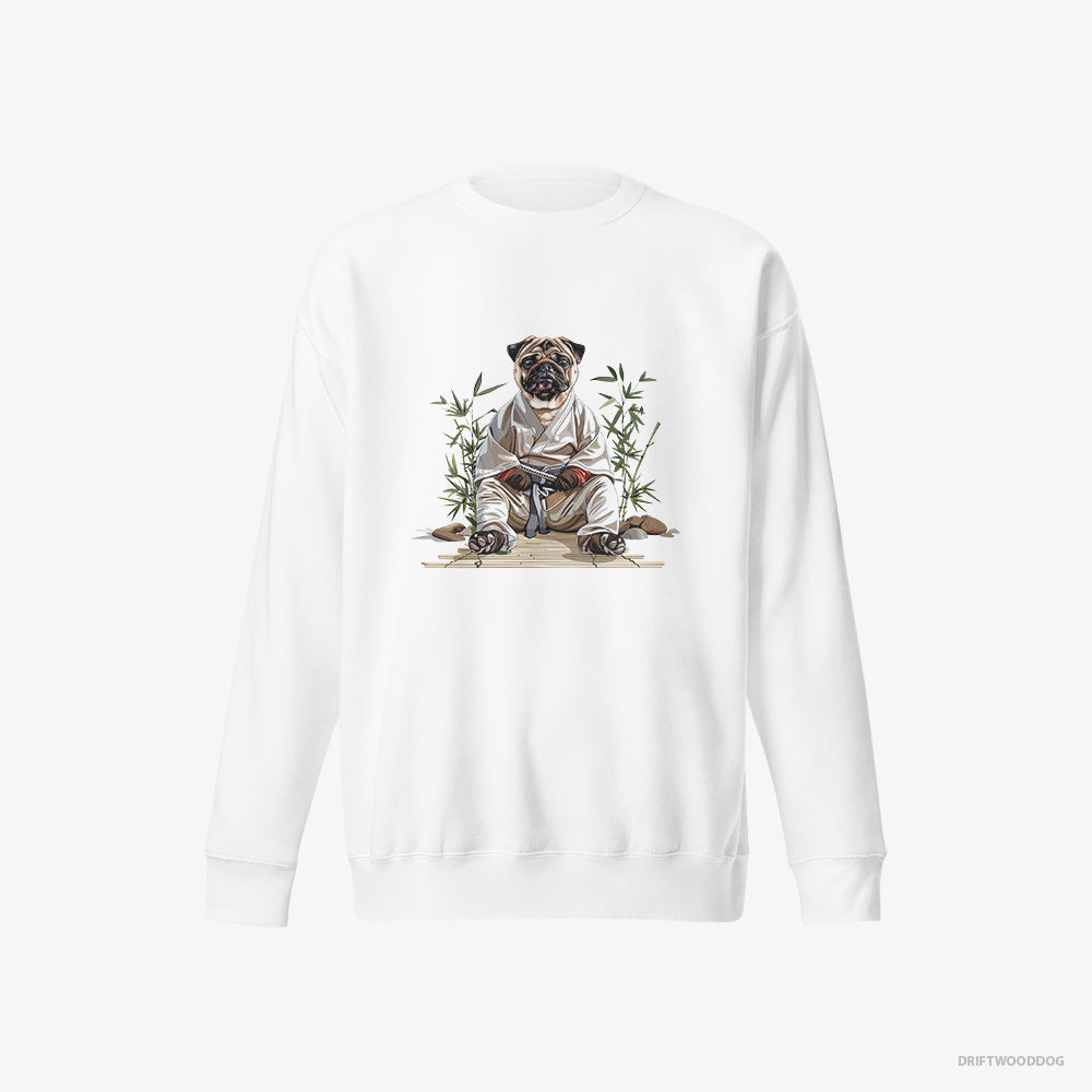 Pug Sweatshirt – Men White Sweatshirt Eco-Friendly – Dressed as a Ninja in a Japanese Garden (on White Background)