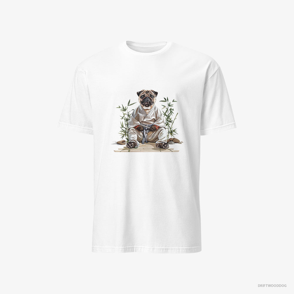 Pug T-Shirt – Men White T-Shirt Classic – Dressed as a Ninja in a Japanese Garden (on White Background)