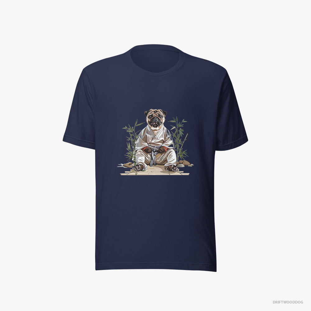 Pug T-Shirt – Women Navy T-Shirt Eco-Friendly – Dressed as a Ninja in a Japanese Garden (on White Background)