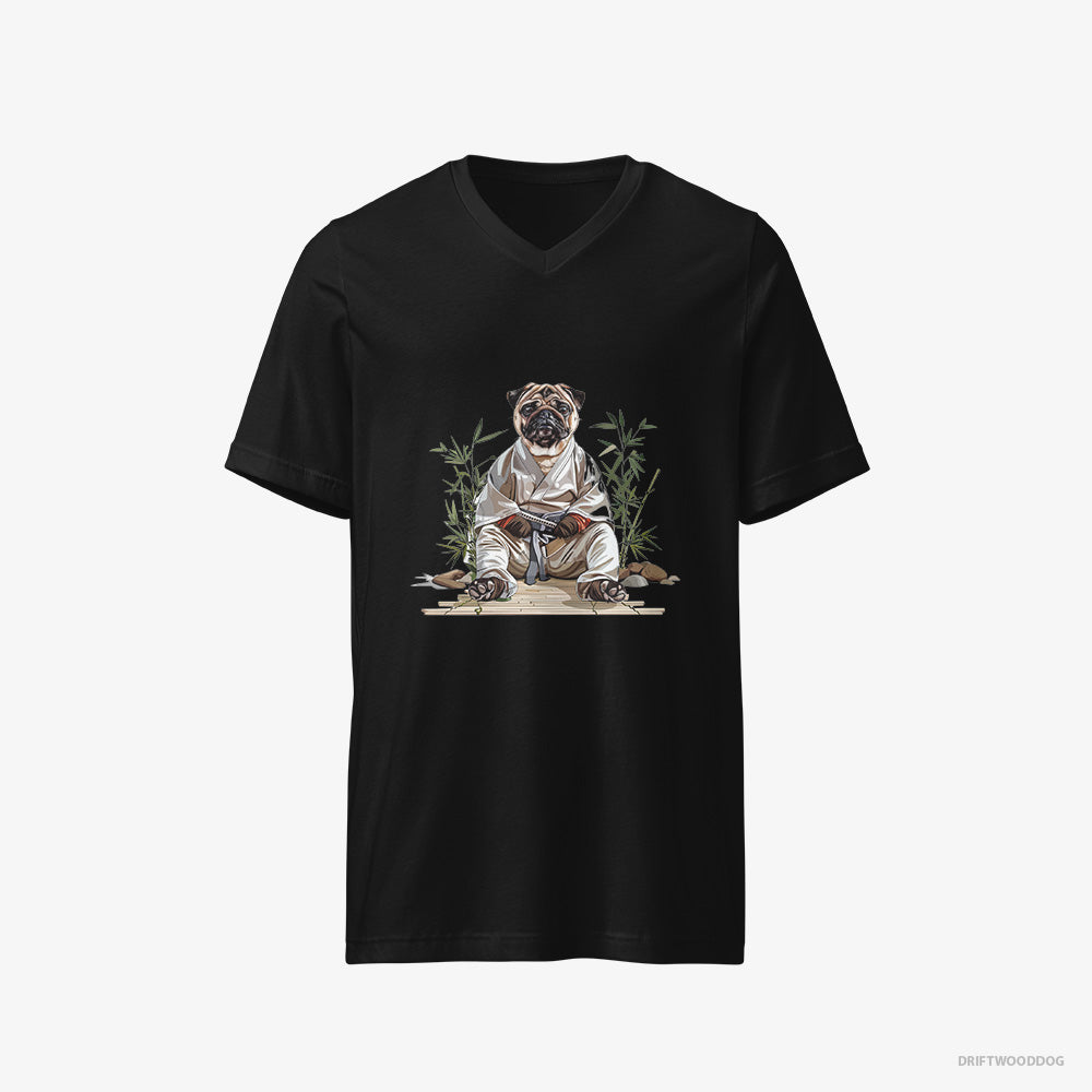 Pug T-Shirt – Men Black T-Shirt V-Neck – Dressed as a Ninja in a Japanese Garden (on White Background)