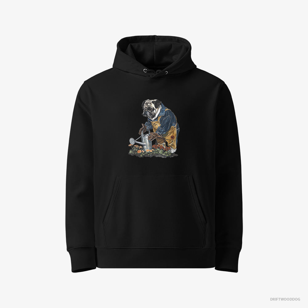 Pug Hoodie – Women Black Hoodie Eco-Friendly – Watering Flowers (on White Background)