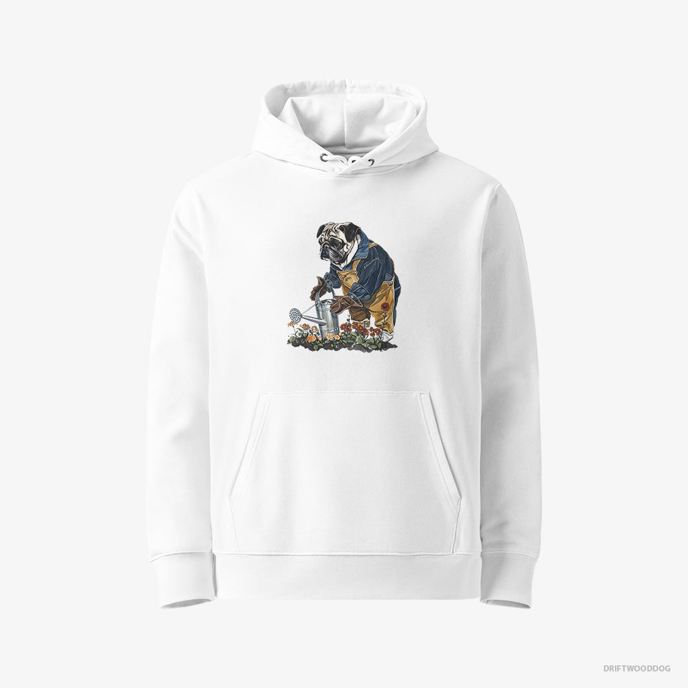 Pug Hoodie – Men White Hoodie Eco-Friendly – Watering Flowers (on White Background)