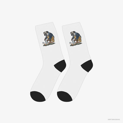 Pug Socks – Unisex White Socks Classic – Watering Flowers (on White Background)