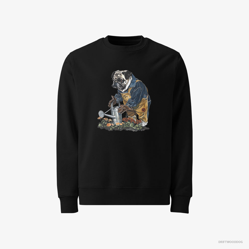 Pug Sweatshirt – Men Black Sweatshirt Classic – Watering Flowers (on White Background)