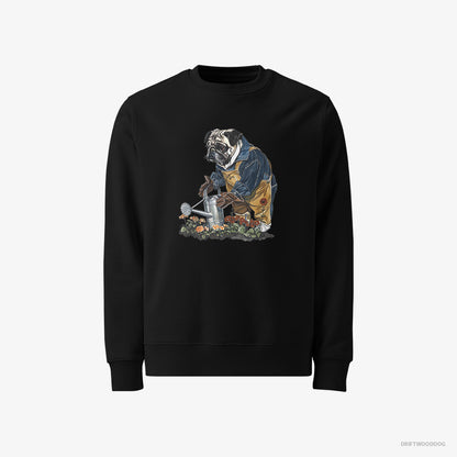 Pug Sweatshirt – Men Black Sweatshirt Classic – Watering Flowers (on White Background)