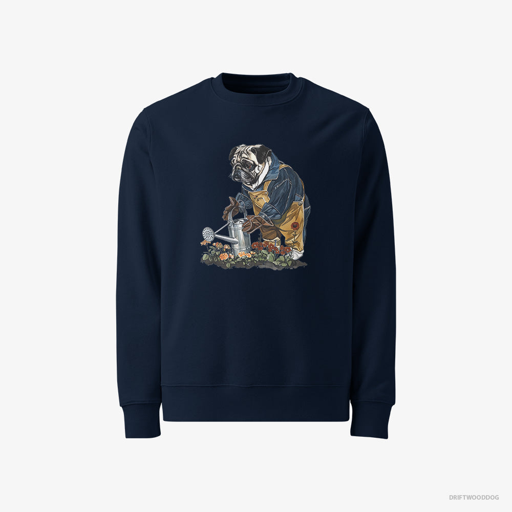 Pug Sweatshirt – Men Navy Sweatshirt Classic – Watering Flowers (on White Background)