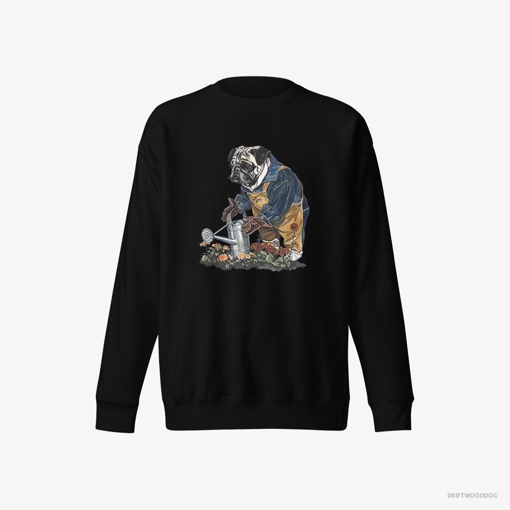 Pug Sweatshirt – Women Black Sweatshirt Eco-Friendly – Watering Flowers (on White Background)